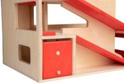 Van Dijk Toys Houten Garage – 2 verdiepingen met lift, rood/naturel – 2+ Jaar