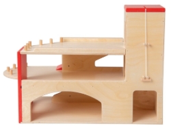 Van Dijk Toys Houten Garage – 2 verdiepingen met lift, rood/naturel – 2+ Jaar