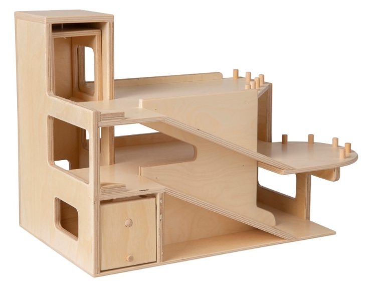Van Dijk Toys Houten Garage – 2 verdiepingen met lift, naturel – 2+ Jaar