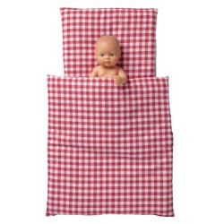 Van Dijk Toys Poppenbed Bedbekleding Rood/Wit geblokt – 3-Delig Set