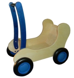 Van Dijk Toys Combi Poppenwagen – Houten Loopwagen – Naturel/Blauw – 1jr+