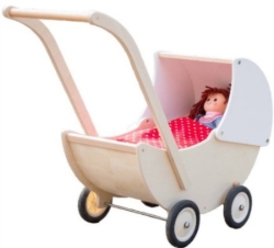 Van Dijk Toys Houten Poppenwagen – Naturel/Wit – Beweegbare Kap – Vanaf 1,5 jaar