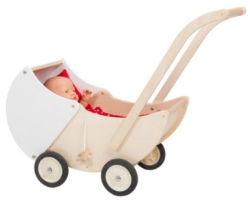Van Dijk Toys Houten Poppenwagen – Naturel/Wit – Beweegbare Kap – Vanaf 1,5 jaar