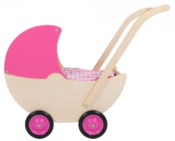 Van Dijk Toys Houten Poppenwagen – Naturel met Fucia Roze Kap – Vanaf 1,5 jaar
