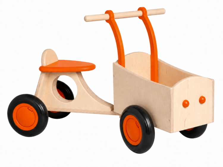 Van Dijk Toys Houten Bakfiets NaturelOranje – Vierwieler Kinderloopfiets – Vanaf 1 jaar