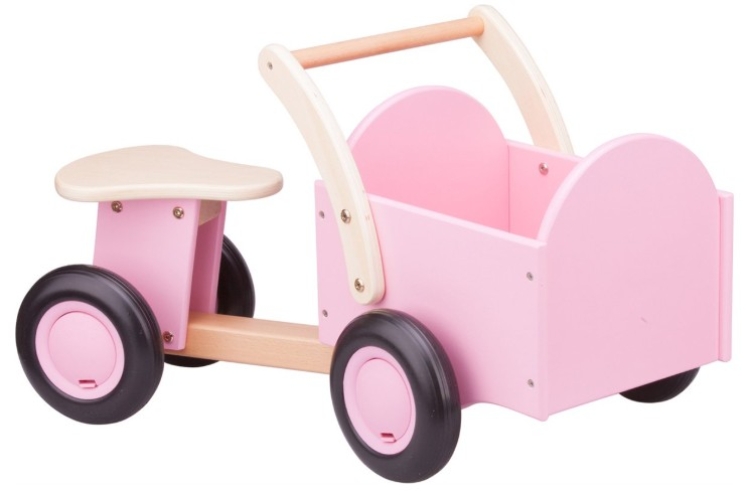 New Classic Toys Houten Bakfiets Naturel/Roze – Vierwieler Kinderloopfiets – Vanaf 18 mnd
