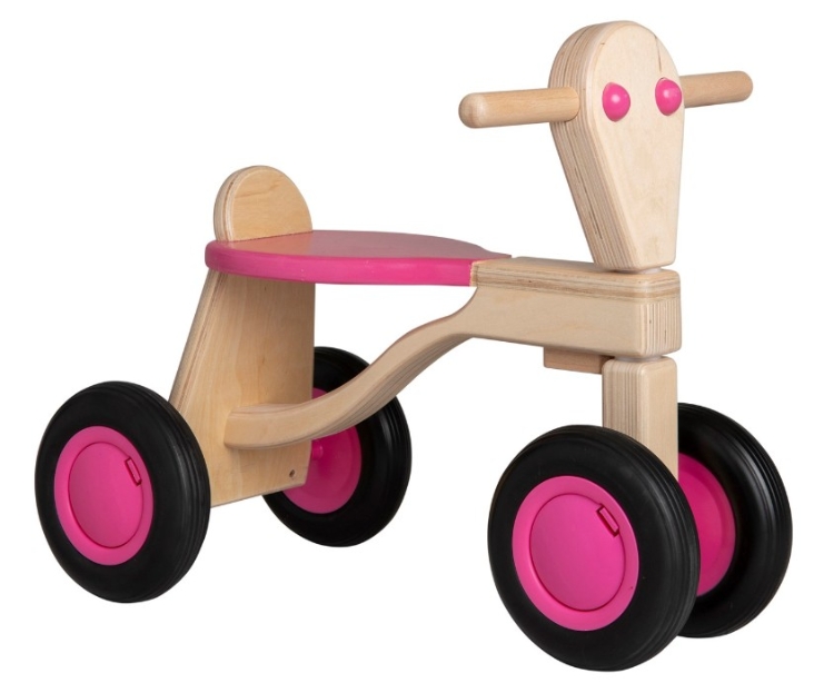 Van Dijk Toys Loopfiets Naturel/Roze - Houten 4-wieler kinderfiets - Vanaf 1 jaar