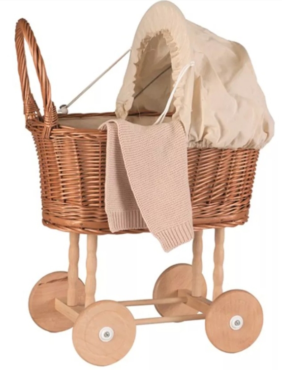 Egmont Toys Rotan Poppenwagen – Riet met Witte Kap & Wit Dekentje – 2+ Jaar
