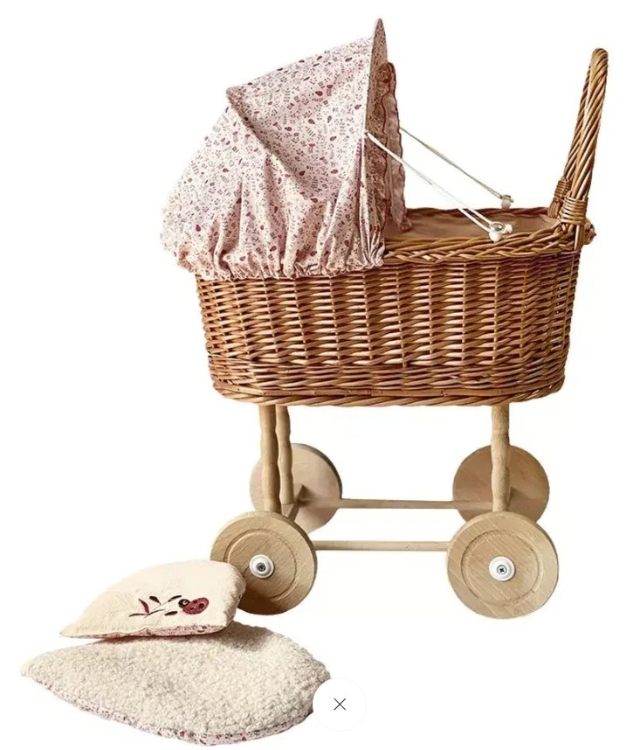 Egmont Toys Rotan Poppenwagen – Hout & Stoffen Kap - 3+ jaar