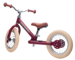 Trybike Steel 2-in-1 loopfiets Vintage Rood met luchtbanden, verstelbaar zadel en stalen frame – geschikt voor kinderen van 15 maanden tot 6 jaar.