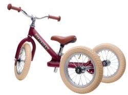 Trybike Steel 2-in-1 loopfiets Vintage Rood met luchtbanden, verstelbaar zadel en stalen frame – geschikt voor kinderen van 15 maanden tot 6 jaar.
