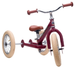 Trybike Steel 2-in-1 loopfiets Vintage Rood met luchtbanden, verstelbaar zadel en stalen frame – geschikt voor kinderen van 15 maanden tot 6 jaar.