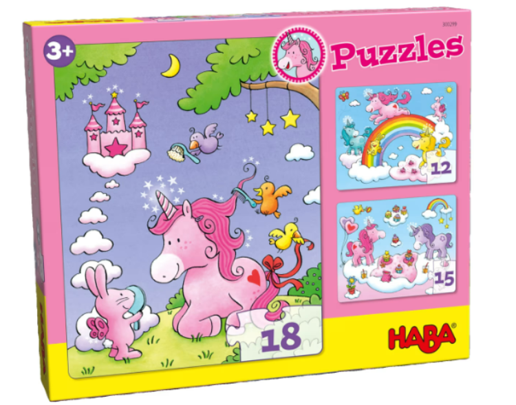 HABA Eenhoorn Flonkerglans – Glitter Puzzels, 3-in-1 Verpakking
